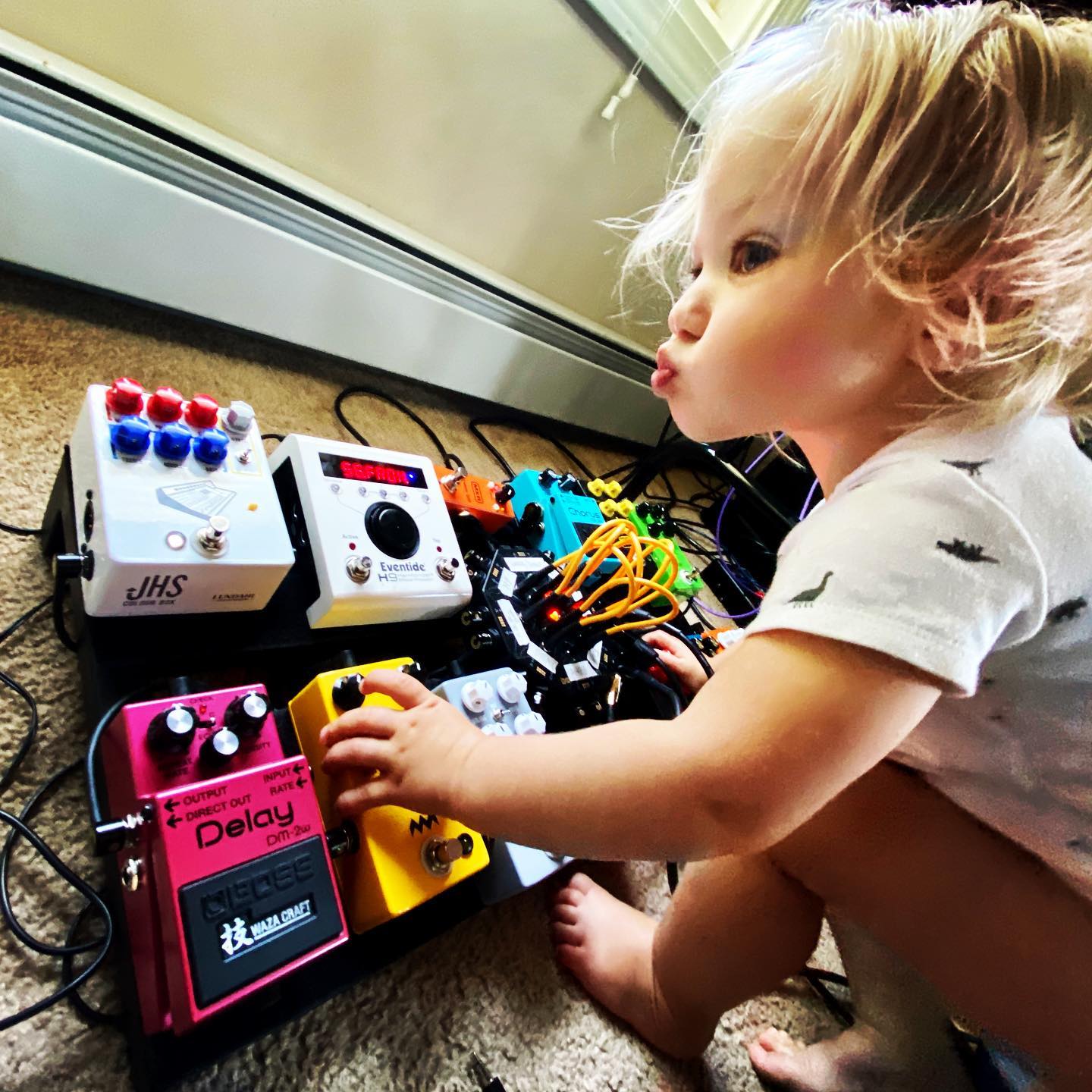 Violet and I are repatching the pedalboard with a Patchulator 8000