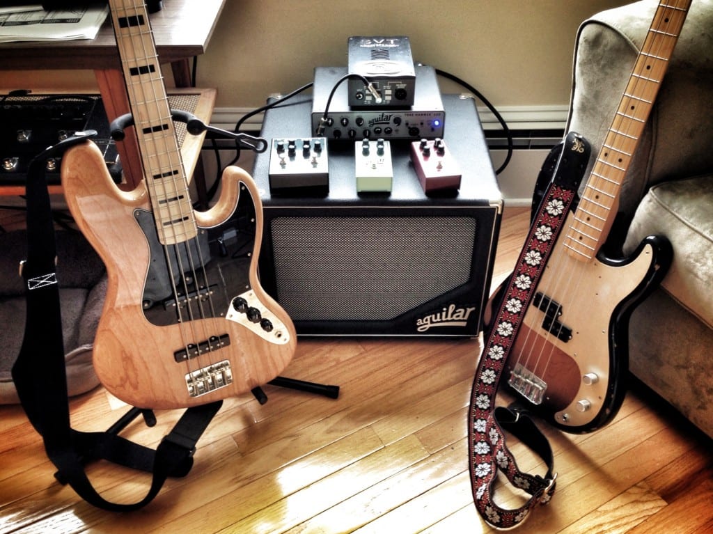 '75 Jazz Bass, 50's Precision Bass, Aguilar Tone Hammer and SL 112, Aguilar pedals, SVT Vacuum Tube DI.