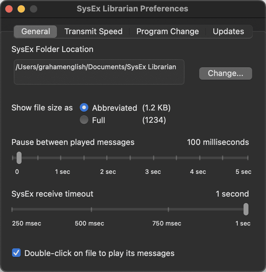 SysEx Librarian Preferences General Pane